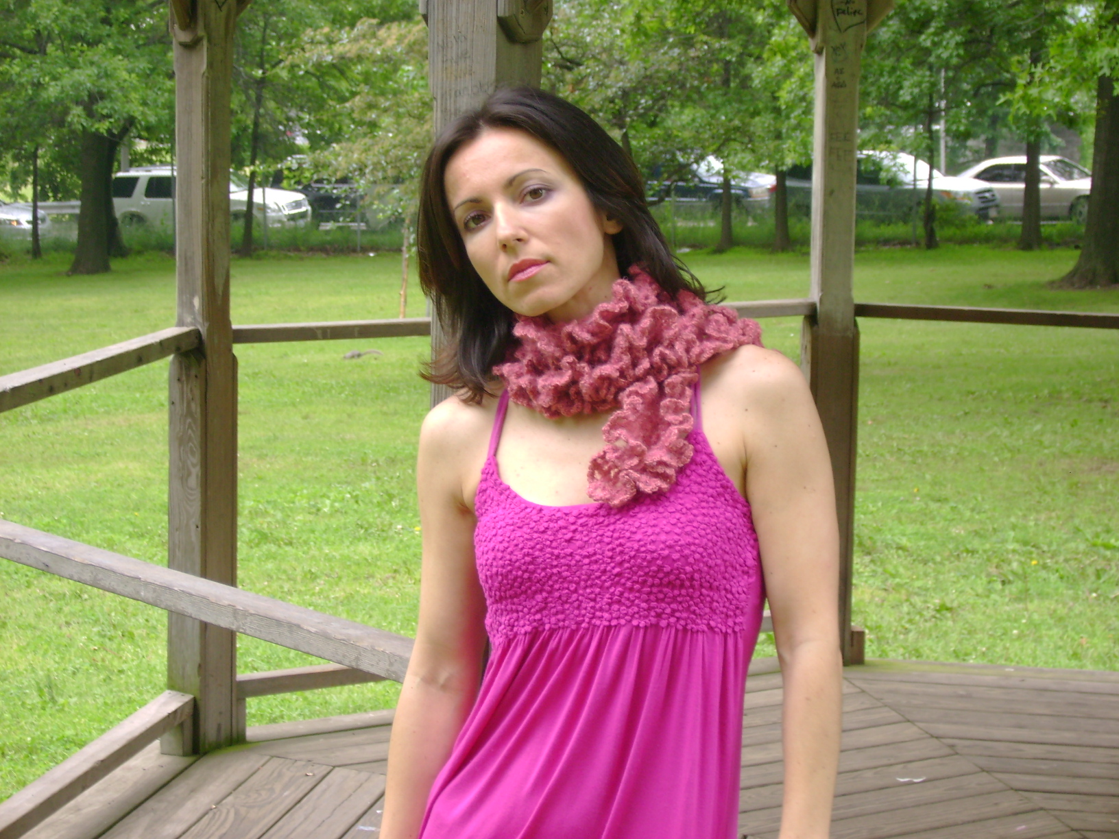 						Ruffled crochet tterracotta scarf  